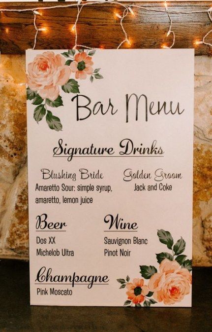 Good idea to have? Not completely anything you want open bar Blushing Bride Drink, Peach Wedding Decorations, Drink Wedding, Open Bar Wedding, Wedding Drink Menu, Wedding Bar Menu Sign, Wedding Decor Photos, Wedding Ceremony Ideas, Bar Menu Wedding