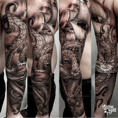 Pirate Ship And Kraken Tattoo, Kraken Sleeve Tattoo Men, Kracken And Ship Tattoo, Kraken Sleeve Tattoo, Kraken Attacking Ship Tattoo, Pirate Tattoo For Men, Pirate Sleeve Tattoo, Octopus Tattoos For Men, Ocean Tattoo Sleeve