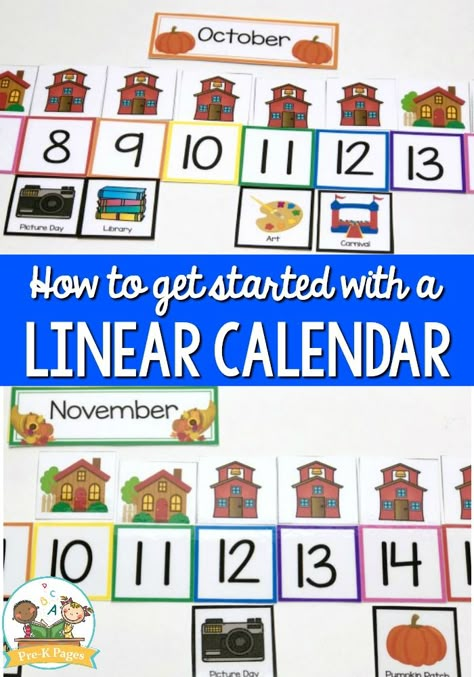 A linear calendar is like a number line. Make and use a linear calendar in your preschool or pre-k classroom to help young children better understand the passage of time. Preschool Linear Calendar, Linear Calendar Kindergarten, Calendar Time Preschool, Linear Calendar Preschool Free Printable, Linear Calendar Preschool, Ecers Classroom, Linear Calendar, Classroom Management Preschool, Kindergarten Calendar