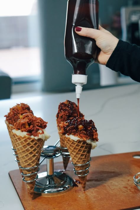 Pulled Pork "Ice Cream Cone" - Everything Erica Chicken And Waffle Cone, Chicken And Waffle Cone Recipe, Stuffed Cones, Pizza Cone Recipe, Food Truck Recipes, Cone Recipes, Food Cones, Waffle Cone Recipe, Waffle Iron Recipes