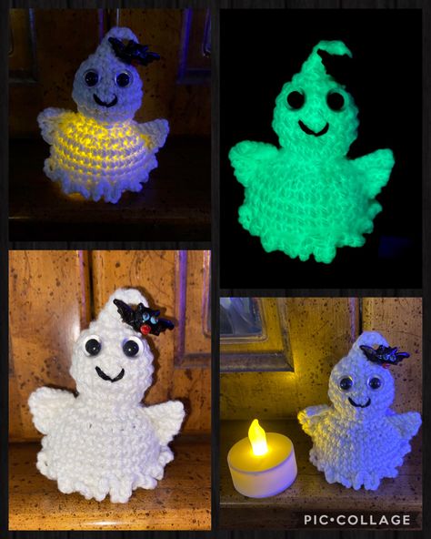 Ghost tea light cover I made today. Also glows in the dark. 👻 Glow In The Dark Yarn, Crochet Ghost, Dark Ghost, Dark Creatures, Crochet Fall, Light Cover, Light Covers, Crochet Toys, In The Dark