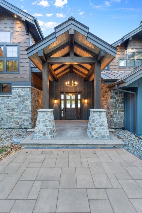 Timber frame home with vaulted covered entry. Covered Entry, Timber Frame Home, Natural Element, Timber Frame Homes, Mountain Resort, Natural Style, Timber Frame, Style Home, Custom Homes