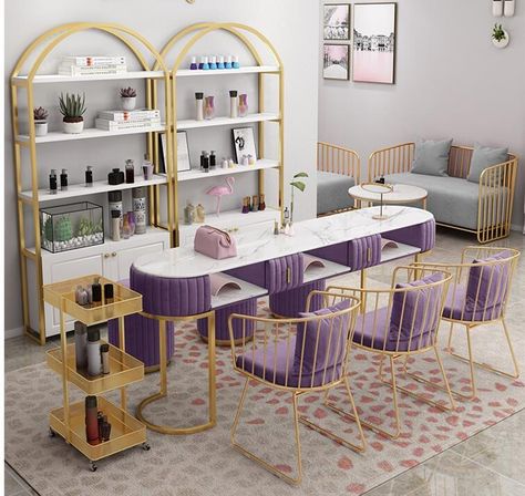 nail bar table, double nail table Nail Desk Design, Nail Salon Table, Nail Table Ideas, Soft Stool, Nail Salon Interior Design, Nail Salon Interior, Nail Desk, Spa Room Decor, Nail Table