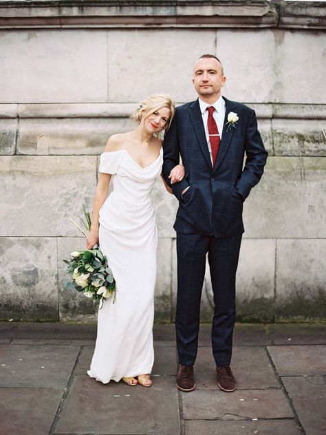 Bride wears a Vivienne Westwood wedding dress | Photography by http://www.davidjenkinsphotography.com/ Older Bride Wedding Dress, Vivienne Westwood Wedding Dress, Vivienne Westwood Wedding, Draped Wedding Dress, Bridesmaids Jumpsuits, The Asylum, London Bride, Colourful Wedding, Romantic Bride