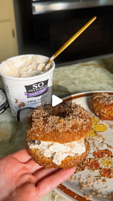 Skylar Sokolowski on Instagram: "BROWN BUTTER APPLE CIDER DONUT ICE CREAM SANDWICHES 🍎🍦🍂 with @sodelicious Cashew Milk Vanilla Ice Cream #AD

Fall is here! So bring on the pumpkin spice, apple picking, and coziness! We are still having some warmer days here in PA though, and that’s where these Brown Butter Apple Cider Donut Ice Cream Sandwiches come in 😍🍎The perfect beginning of fall treat. And I CAN’T get over how creamy this ice cream is–so good paired with the donut! 

Recipe 
In a large mixing bowl, whisk together 1 & ¾ cups of all purpose flour, ¼ cup of coconut or brown sugar, ¼ tsp of cinnamon, ½ tsp of salt, ¼ tsp of baking soda, and ¼ tsp of baking powder.
Then, mix in ¼ cup of reduced apple cider (see notes below), ¼ cup of apple butter, ¼ cup of non dairy milk, 1 egg, and ¼ Donut Ice Cream, Non Dairy Milk, Donut Recipe, Non-dairy Milk, Ice Cream Sandwiches, Apple Cider Donuts, Cashew Milk, Thanksgiving Food, Camping Recipes