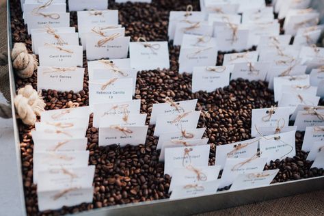 Coffee beans in tray to hold name cards. Wedding seating chart name cards. Coffee Wedding Seating Chart, Name Cards Wedding, Seating Chart Ideas, Party Seating, Royal Party, Coffee Tray, Coffee Wedding, Chart Ideas, Seating Cards