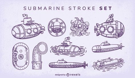 Submarine elements stroke set Submarine Tattoo, Submarine Illustration, Cartoon Submarine, Submarine Cartoon, Submarine Drawing, Submarine Design, Production Logo, Design Sustainability, Stippling Art