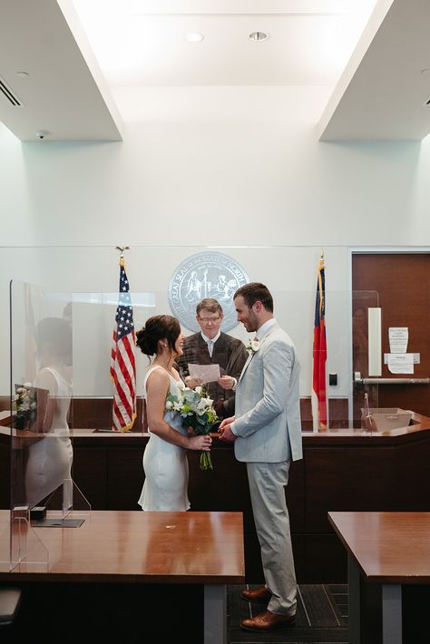 Summer or spring season courthouse wedding attire inspiration for couples considering civil ceremonies. Downtown Durham Civil Ceremony portrait inspiration for newly engaged couples. Courtroom Wedding Photography, Court Marriage Photography, Civil Ceremony Photography, Courthouse Wedding Photos Civil Ceremony, Courthouse Wedding Attire, Courthouse Wedding Reception, Vows Quotes, Court Marriage, Courthouse Wedding Photos