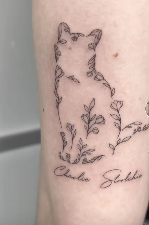 Cat Memorial Tattoo Fine Line, Cat Tattoo Memorial, Half Flower Half Animal Tattoo, Tattoos To Remember Your Cat, Pet Memorial Tattoo Cat, Cat Remembrance Tattoo, Remembering Cat Tattoo, Cat Memory Tattoo Simple, Cat Memorial Tattoo