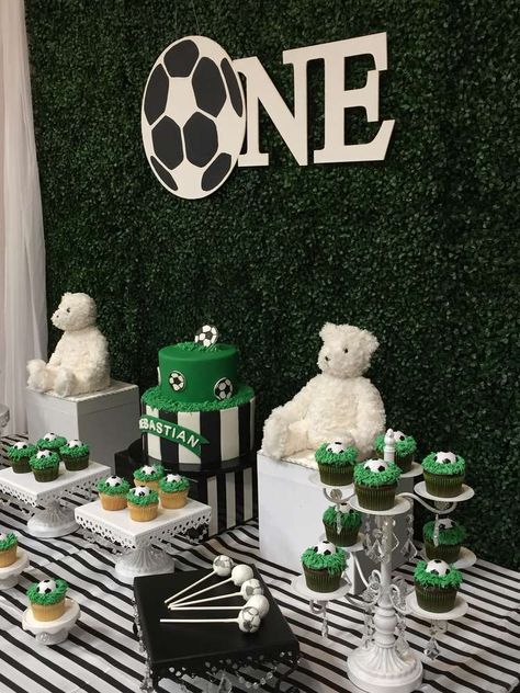 Birthday Party Ideas | Photo 8 of 16 | Catch My Party Soccer 1st Birthday Party, Soccer Theme First Birthday Party, Soccer Theme 1st Birthday Party, Soccer Theme First Birthday, Soccer First Birthday Party, First Birthday Soccer Theme, Soccer Birthday Party Ideas For Boys, Diy Soccer Themed Birthday, 1st Birthday Soccer Theme