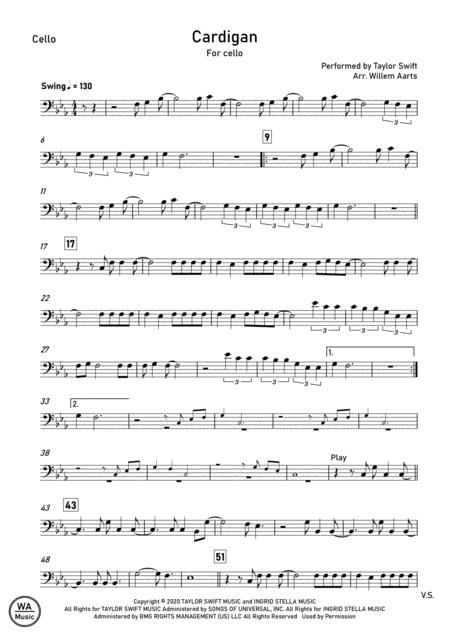 Cardigan By Taylor Swift Cello Cardigan By Taylor Swift, Free Flute Sheet Music, Tenor Saxophone Sheet Music, Trombone Music, Alto Saxophone Sheet Music, Trombone Sheet Music, Cello Sheet Music, Trumpet Sheet Music, Saxophone Music