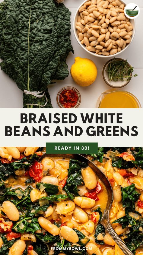 Braised White Beans & Greens is an Italian-inspired recipe that simmers canned white beans and leafy greens in a rich and herbaceous broth. Serve it with crusty bread for the ultimate cozy meal! Vegan and Gluten-Free. Brothy Beans And Greens, White Pea Beans Recipes, Vegan Dinner With Beans, White Bean Ragout, Italian Beans And Greens, Braised White Beans And Greens, Vegan Greens Recipe, Vegan Beans Recipes, Beans And Collard Greens