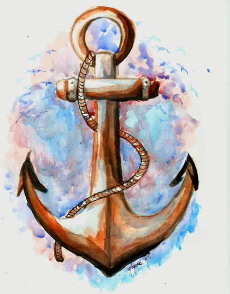 Mermaid Anchor Tattoo, Watercolour Reference, Anchor Painting, Anchor Art, Oyster Shell Crafts, Water Tattoo, Bond Paper Design, Anchor Tattoo, Navy Wife