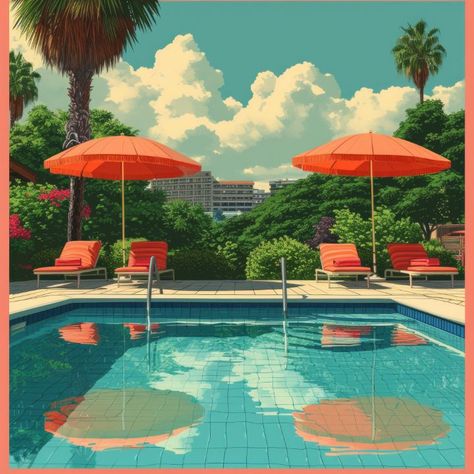 Swiming Pool Art Vibrant Pop Surreal - Enea Kelo Pool Illustration, Palm Trees Art, Pool Drawing, Trees Drawing, Oval Pool, Pool Inspiration, Pool Art, Trees Art, Palm Tree Art