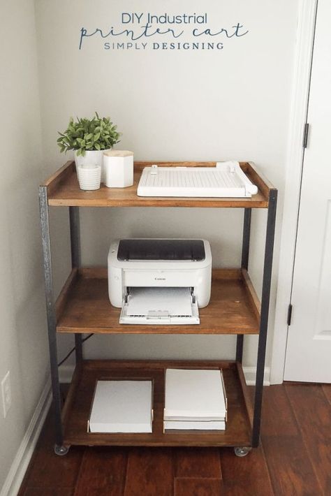 This Industrial DIY Printer Cart is simple to build yourself and is so pretty and functional Ikea Desk Hack, Industrial Diy, Office Guest Room, Dream Office, Office Crafts, Office Inspo, Craft Room Office, Home Office Space, Home Office Organization