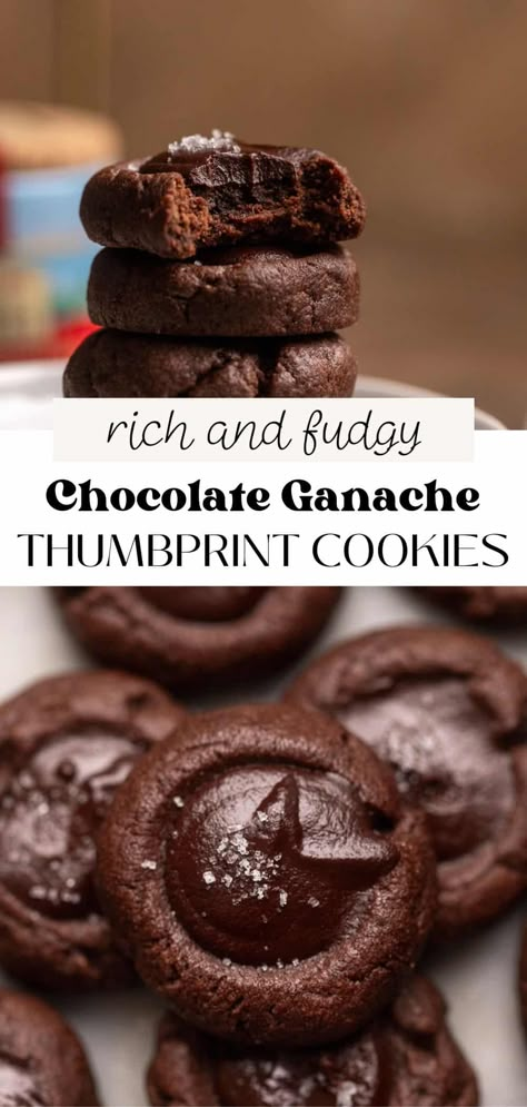 These chocolate ganache thumbprint cookies are rich, crisp chocolate shortbread cookies filled with shiny, decadent dark chocolate ganache! Perfect for the holidays or any cookie craving, these ganache cookies are sure to impress and are a chocolate lover's dream. Chocolate Cookies With Ganache, Ganache Thumbprint Cookies, Chocolate Ganache Cookies, Ganache Cookies, Chocolate Ganache Cheesecake, Easy Holiday Baking, Dark Chocolate Desserts, Homemade Shortbread, Chocolate Thumbprint Cookies