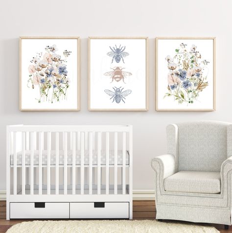 Blue Nursery Girl, Watercolor Floral Nursery, Floral Nursery Art, Bee Nursery, Blush Nursery, Prints Pink, Girl Nursery Wall, Nursery Art Girl