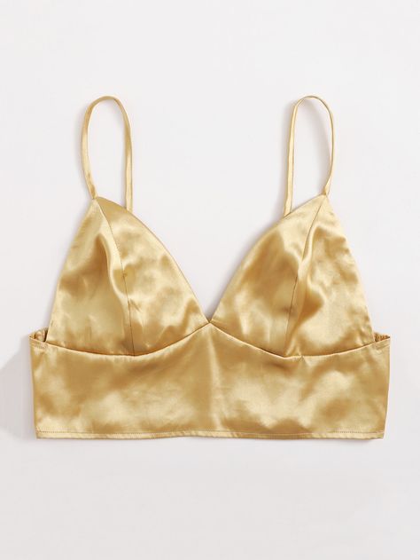 SHEIN Shirred Back Satin Bralette Top | SHEIN USA Gold Bralette, Organza Tops, Satin Bralette, Bralet Tops, Bralette Outfit, Top Shein, Bralette Top, Bralette Crop Top, Top Outfit