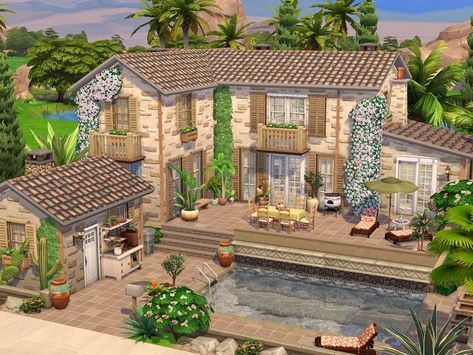 The Sims 4 House Exterior, Sims Houses No Cc, Sims Builds No Cc, Sims No Cc House, Sims Inspo House, Sims 4 Dream House, Italian House Sims 4, Casa No The Sims, Sims 4 Rustic House