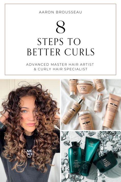 Blog image for 8 Steps to Better Curls - curly haired woman tousles her new haircut, Kerastase and Oribe curl products in image grid Oribe Curly Hair, Curl Specialist, Curly Hair Specialist, Do What You Want, Artistic Hair, Home Spa, Natural Curls, Curly Hair, Curly Hair Styles