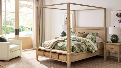 Farmhouse Canopy Bed, Farmhouse Canopy Beds, Meranti Wood, Nice Furniture, Farmhouse Nightstand, Percale Duvet Cover, Square Basket, Wooden Beds, Michael Graves