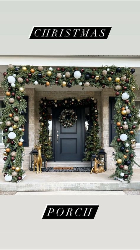 Winter lodge-inspired porch!🌲🦌 This porch has to be one of my all-time favorites! Love the neutrals and browns!🤎 1. We started by using our pvc pipe base, and attached chicken wire to it with zip ties. 2. Then we added 20 garlands! We used cheap $5 ones underneath, and layered on the nicer, fuller ones. (Also attached with zip ties) 3. Then we added the lights. Weaving them in and out over the top of the greenery. 4. Finished it off with assortment ornaments! Use shatterproof, and hang with Porch Garland, Bedroom Decor Inspirations, Macy Blackwell, Christmas Arch, Winter Lodge, Christmas Front Porch, Bedroom Decor Inspiration, Christmas Porch Decor, Christmas Decorations Diy Outdoor