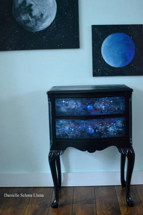 Moon Painted Furniture, Dragon Painted Furniture, Pour Painting Furniture, Witchy Painted Furniture, Painted Desks Ideas, Celestial Furniture, Alien Furniture, Galaxy Furniture, Galaxy Bedroom