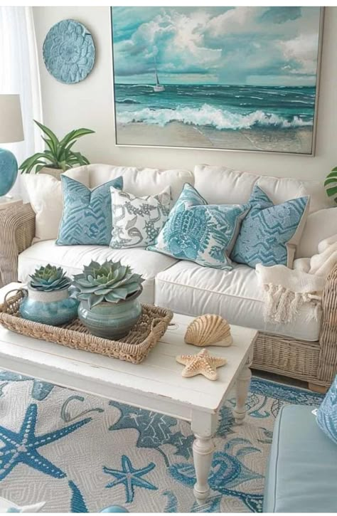 Coastal Living Rooms Ideas, Beachy Living Room, Modern Coastal Living Room, Beach Decor Living Room, Beach Theme Living Room, Coastal Decorating Living Room, Beach House Living Room, Beach House Interior Design, Coastal Living Rooms