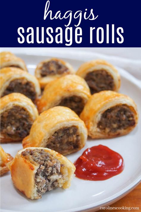 These haggis sausage rolls are a great way to use leftover haggis, introduce people to the flavors of haggis in a milder form, or just as an excuse to have a tasty savory snack! Easy to make and great finger food. Leftover Haggis Recipes, Scottish Sausage Rolls, Beef Sausage Rolls Puff Pastry, Phyllo Dough Sausage Rolls, Marmite Sausage Rolls, Haggis Recipe, Vegetable Bake Recipes, Scotland Food, Burns Supper