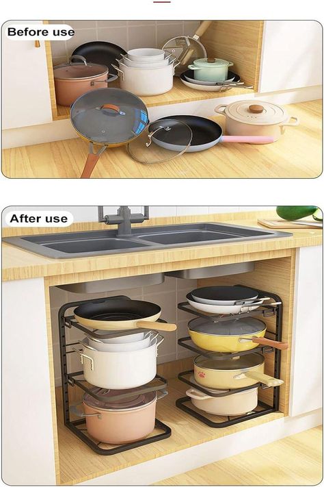 With this Livingandhome kitchen cookware organizer, your kitchen can be kept clean and tidy in no time! Designed with solid materials, our pot and pan rack holds heavy-duty cookware from pots to pans, proper storage can protect them from deformation and corrosion. The assembly is super easy and no tools are required, just slot in the dividers at the level to suit your pot size. Perfect for kitchen cabinet organization, especially when kitchen space storage is limited. Pot And Pan Rack, Standing Pot, Pan Organizer, Cookware Organization, Sink Organization, Under Kitchen Sink Organization, Pan Organization, Pan Rack, Welcome To My House