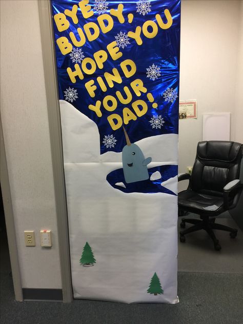 Holiday Movie Door Decorating Contest, Elf Christmas Office Decorations, Elf Cubicle Christmas Decorations, Christmas Movie Office Decorations, Elf The Movie Office Decorating Ideas, Elf Themed Door Decorations, Elf Movie Office Decorating Ideas, Elf Classroom Decorations, Christmas Movie Classroom Door