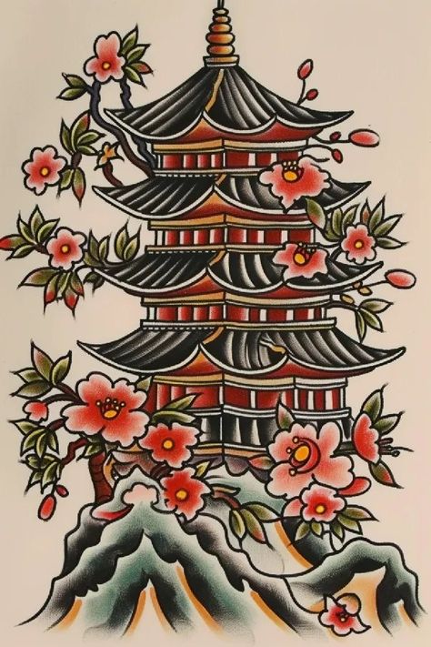 tattoo sketch A geisha with a kimono that transitions – Tattoo Design | ideas | inspirations | and more Temple Tattoo Japanese, Japan Temple Drawing, Japanese Temple Tattoo, Building Tattoo, Traditional Japanese Tattoo Flash, Geisha Tattoo Design, Temple Tattoo, Japanese Flower Tattoo, Christ Tattoo