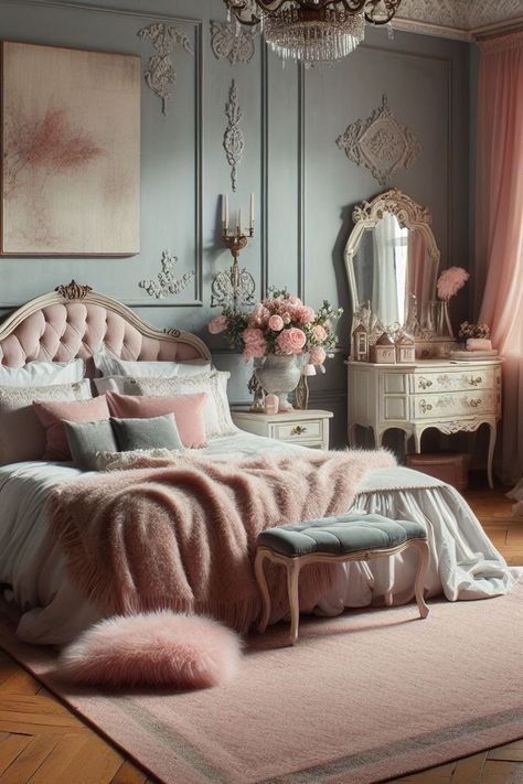 Vintage French Inspired Bedroom, Calm Vintage Aesthetic, Vintage Bedroom Design Victorian, Blue Pink Room Aesthetic, Vintage Glamour Aesthetic Bedroom, Vintage Elegant Bedroom, French Glam Bedroom, Pink And Blue Aesthetic Room, Bridgerton Inspired Bedroom