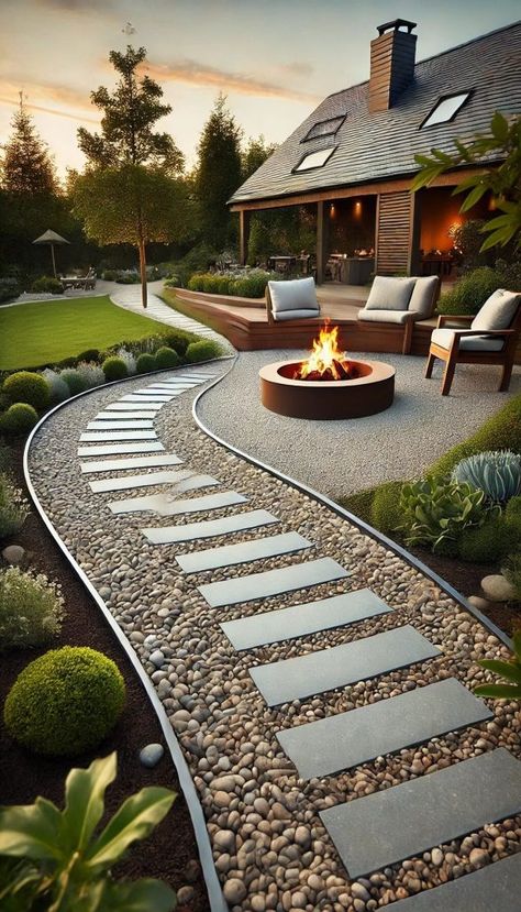 Stoep Decor Ideas, Backyard Gravel Ideas, Backyard Ideas Simple, Fire Pit Ideas Backyard, Backyard Fire Pit Ideas, Cottage Backyard, Simple Landscaping, Garden Fire Pit, Fire Pit Area