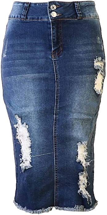 Womens Junior/Plus Size Below Knee Length Midi Pencil Ripped Denim Skirt at Amazon Women’s Clothing store: Plus Size Jean Skirt, Ripped Denim Skirt, Ripped Denim Skirts, Denim Skirts Online, Denim Skirt Fashion, Distressed Skirt, Stretchy Skirt, Plus Size Denim, Jeans Skirt