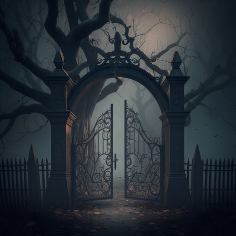 Gothic Gates Entrance, Small Abandoned Houses, Cemetery Gates Tattoo, Dark Graveyard Aesthetic, Graveyard Entrance, Misty Graveyard, Fantasy Graveyard, Graveyard Drawing, Graveyard Gate