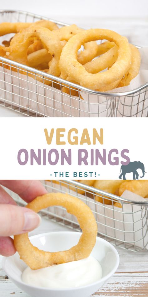 With this simple recipe, you can make your own vegan Onion Rings at home! For a perfectly crisp and light batter, I am using sparkling water, but you can also use beer instead. | ElephantasticVegan.com #vegan #onion #rings Vegan Onion Rings, Mama Knows Gluten Free, Mayo Dip, Onion Rings Recipe, Vegan Appetizers Recipes, Gluten Free Beer, Vegan Snack Recipes, Gluten Free Appetizers, Vegan Fish