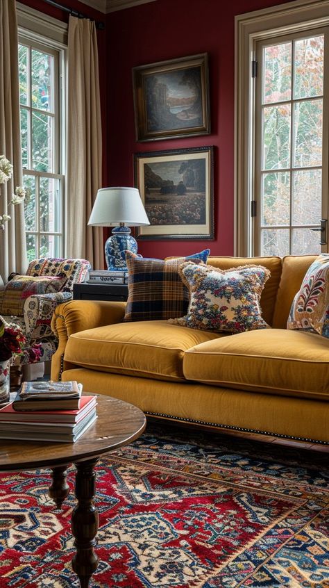 4 Armchairs Sitting Room, Small Cottage Sitting Room, Red And Yellow Decor, Red Leather Couch Living Room Ideas, French Traditional Living Room, Cozy English Living Room, Colonial House Living Room, Ottoman Living Room Ideas, Classic American Living Room