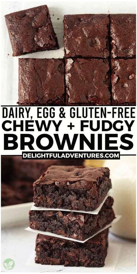 Enjoy these crackly top vegan gluten-free brownies that are chewy, fudgy, gooey, and super chocolaty! This easy homemade recipe is not only simple to make, but it’s also the best because you can customize it with your favorite add-ins, like chocolate chips, nuts, or seeds. This quick recipe is eggless, dairy-free, and gf, and it offers options for different flours, including oat flour, plus an oil-free version. Get ready to indulge in the ultimate fudgy vegan treat! Gluten Free Dairy Free Brownie Recipe, Dairy And Egg Free Brownies, Eggless And Gluten Free Desserts, Vegan Brownie Recipes, Gluten Free Brownies Easy, Best Gluten Free Brownies, Vegan Gluten Free Brownies, Gluten Free Vegan Recipes Desserts, Gluten Free Chocolate Brownies