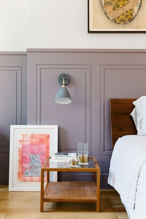 Wainscoting: The Architectural Detail That Makes A Room | Apartment Therapy Cozy Bedroom Lighting, Wainscoting Height, Wainscoting Bedroom, Dining Room Wainscoting, Wainscoting Styles, Diy Wainscoting, Bedroom Decorating Ideas, Purple Walls, Bedroom Decorating