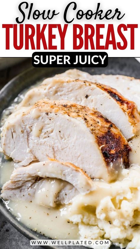 Whether it's for a small Thanksgiving or healthy, easy weeknight meal, this crockpot turkey breast delivers turkey that’s moist and flavorful! Slow Cooker Turkey Breast Recipes, Turkey In Crockpot Breast, Best Crockpot Turkey Breast Recipe, Crockpot Turkey Breast Recipes, Crockpot Turkey Breast With Lipton Onion Soup, Frozen Turkey Breast Crockpot, Turkey Breast In Slow Cooker, Boneless Turkey Breast Crockpot, Cooking Turkey Breast In Crockpot