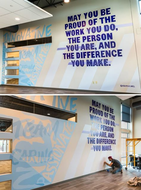 Prosci Mural by Adam Vicarel at Prosci School Murals Highschool, Text Mural, Company Culture Wall, Business Mural, Office Interior Design Creative, Mural Quotes, Cheer Posters, Office Mural, School Improvement