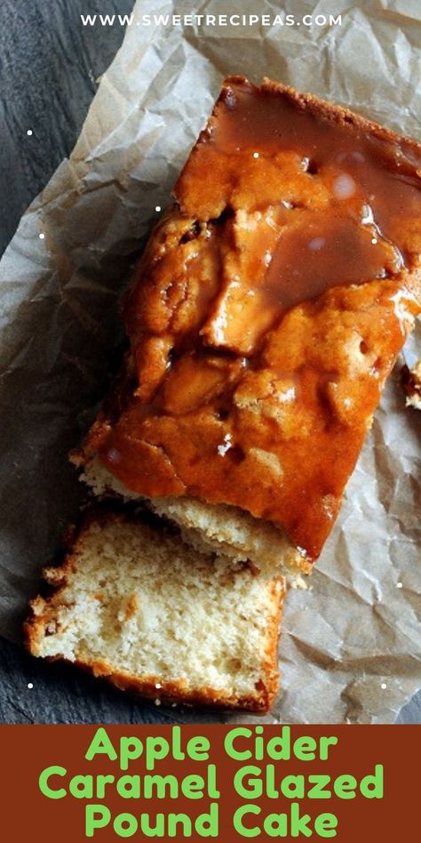 This Apple Cider Caramel Glazed Pound Cake is a spiced apple cider pound cake all topped with a rich and gooey caramel glaze. Perfect for a fall day. For more recipes follow me here on Pinterest. Apple Cider Pound Cake, Glazed Pound Cake, Apple Cider Caramel, Pound Cake Glaze, Gooey Caramel, Apple Cider Caramels, Caramel Glaze, Spiced Apple Cider, More Recipes