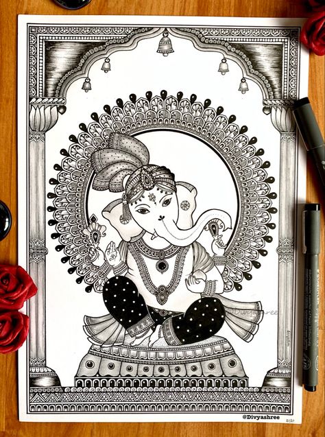 Mandala with Ganesha on the centre Mandala Art Vinayaka, Mandala Drawing Of Ganesha, Ganeshji Mandala Art, Ganesha Ji Drawing, Laxmi Mandala Art, Ganesh Chaturthi Mandala Art, Mandala Ganesha Art, Ganesh Ji Mandala Art, Vinayaka Drawing