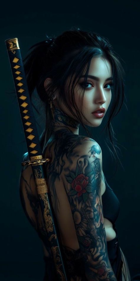 Female Samurai Art, Castlevania Wallpaper, Female Samurai, Cyberpunk Female, Tattoed Women, Samurai Tattoo, Arte Cyberpunk, Samurai Art, Beautiful Dark Art