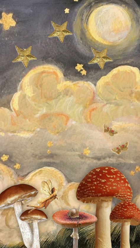 #faires #faeries #moon #mushrooms #cottagecore #collage Whimsical Illustration Wallpaper, Cottagecore Aesthetic Lockscreen, Cottage Core Wall Mural, Cottage Core Wallpaper Iphone Fall, Cottage Core Paintings, Mushroom Fairy Aesthetic, Faerie Wallpaper, Aesthetic Mushroom Wallpaper, Cottage Core Wallpaper Iphone