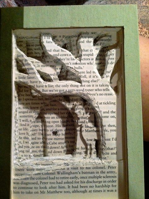 Deer in forest book carving by CO Carved Books, Book Carving, Deer In Forest, Book Sculptures, Book Garden, Forest Book, Bookshelf Art, Classroom Art Projects, Classroom Art