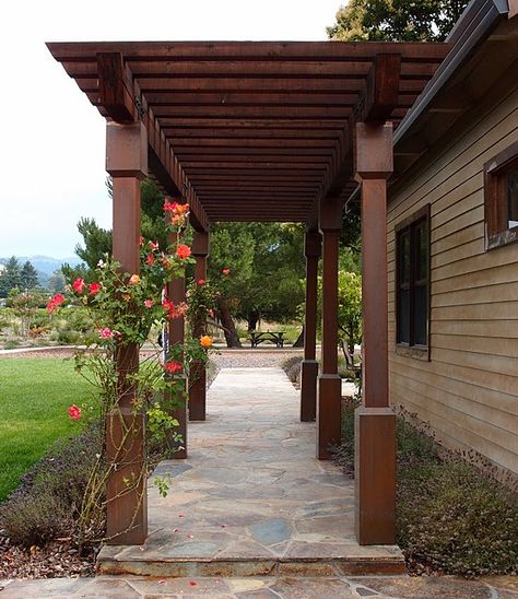 arbor - would love this over the sidewalk heading into the house! Arbor Walkway, Pergola Diy, Walkway Landscaping, Walkway Design, Covered Walkway, Walkways Paths, Landscape Structure, Pergola Design, Garden Arbor