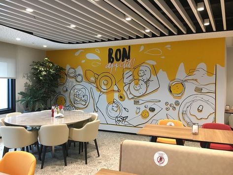 Restaurant Wall Painting Ideas Interior Design, Fast Food Wall Design, Cafeteria Mural Ideas, Mural For Restaurant Wall Art, Office Cafeteria Wall Design, Canteen Wall Design, Restaurant Wall Painting Art, Canteen Wall Art, Wall Painting Ideas Cafe