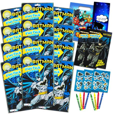 PRICES MAY VARY. Batman stickers Batman party favors play pack super set -- Includes 12 individually wrapped packs of Batman coloring books, stickers and crayons. Each pack contains a fun-size Batman coloring book, 25 Batman stickers and 4 crayons. Perfect to hand out as Batman party favors at birthday parties. Perfect as Batman party supplies, party favors, decorations, motivational stickers, reward stickers or just for fun! A great gift for any fan of the Batman movies. Officially licensed DC Batman Birthday Games, Batman Party Games, Superhero Door, Batman Party Favors, Batman Party Zazzle, Batman Theme Party, Batman Stickers, Batman Party Supplies, Batman Theme